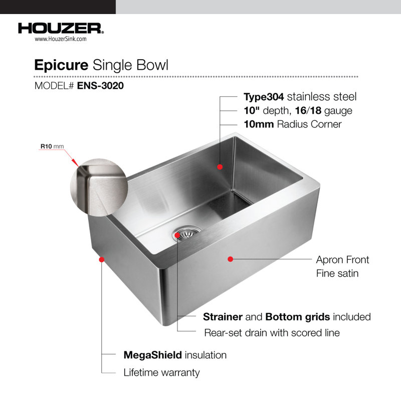 Epicure 30'' L Farmhouse / Apron Single Bowl Stainless Steel Kitchen Sink