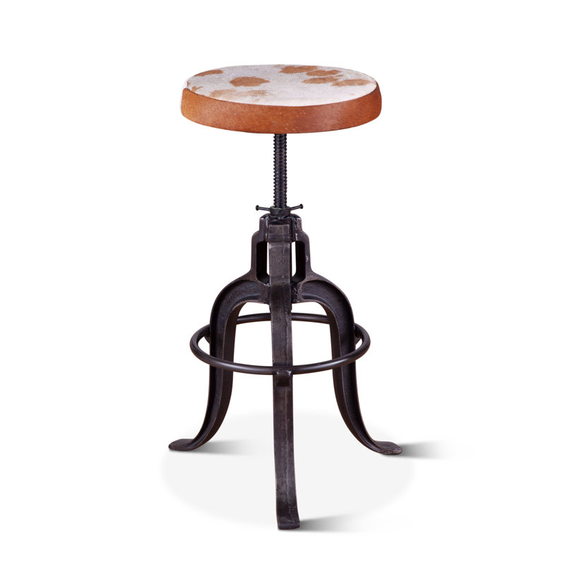 Upholstered Genuine Leather Adjustable Height Counter Stool with Iron Frame, Cowhide