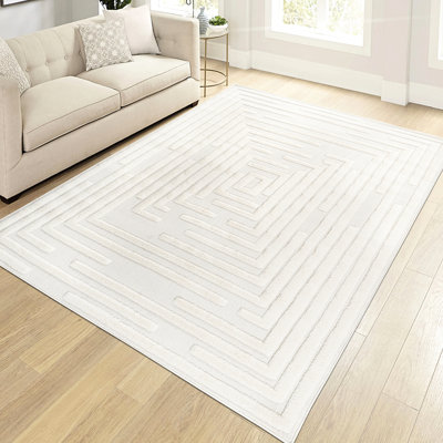 Tapis rayé crème moderne 7 pi 9 po x 10 pi pour la chambre à coucher, facile à nettoyer, à teindre et à décolorer