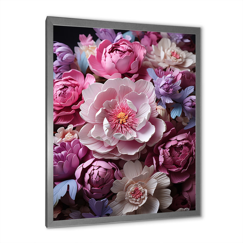 Tolzias, art asiatique, pivoines en rose sur toile, H 32 po x l 24 po x P 1 po, Cadre photo argenté