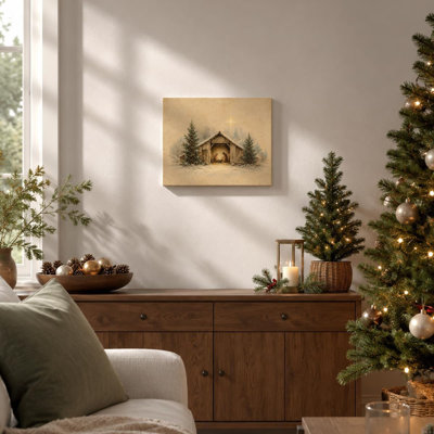 Nativity Wall Art Christmas Manger Scene Canvas Print Framed 8 x 10 Inch,Rustic Nativity Scene Xmas Wall Decor with a Snowy Manger Star, Vintage Christian Christmas Artwork for Living Room Bedroom