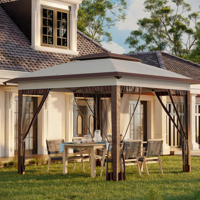 Grande auvent de patio avec trous de drainage et tente instantanée ombragée de 137 pieds carrés pour l'extérieur - filet escamotable 12 pi x hauteur réglable beige jardin