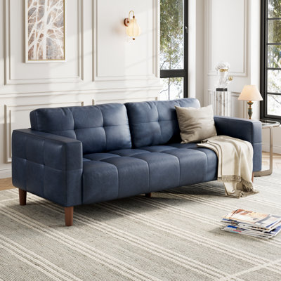 Canapé 83 po en similicuir 83 po avec coussin de dossier et accoudoirs larges, surdimensionné de style Mid-Century moderne pour le salon ou le bureau, bleu