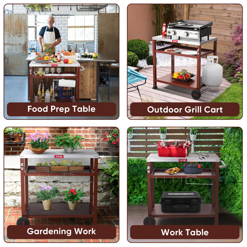 Three-Shelf Red and Stainless Steel Outdoor Grill Cart