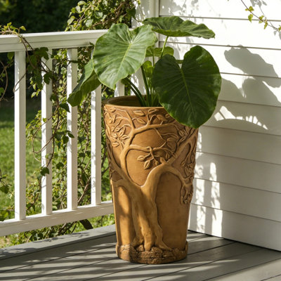 Grand pot à fleurs cylindrique antique en bronze antique, arbre de vie 3D en relief résistant aux intempéries pour l'intérieur et l'extérieur de grandes plantes et arbustes