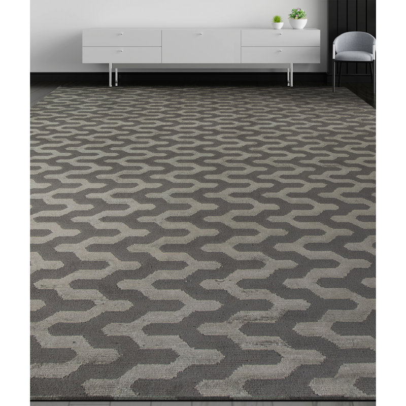 Tapis gris et ivoire noué à la main de haute qualité, Rectangle 6 pi x 9 pi
