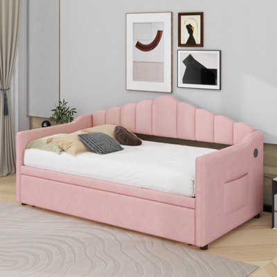 Upholstered Twin Size Daybed With Adjustable Height Pop Up Trundle