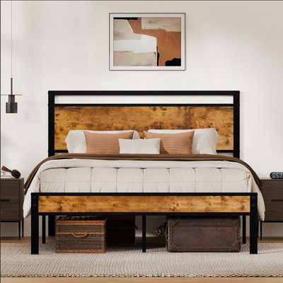 Queen Size Platform Bed Frame with Modern Wood Headboard & Footboard, Heavy Duty Reinforced Metal Frame, Noise-Free Design, Underbed Storage Space, No Box Spring Required