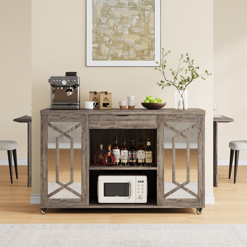 47.24" Kitchen Island Cart With Trash Storage, Rolling Kitchen Table On Wheels With Spice Rack & Drawer, Gray Brown