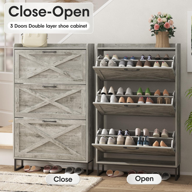 24 Pair Shoe Storage Cabinet, Oak Wood