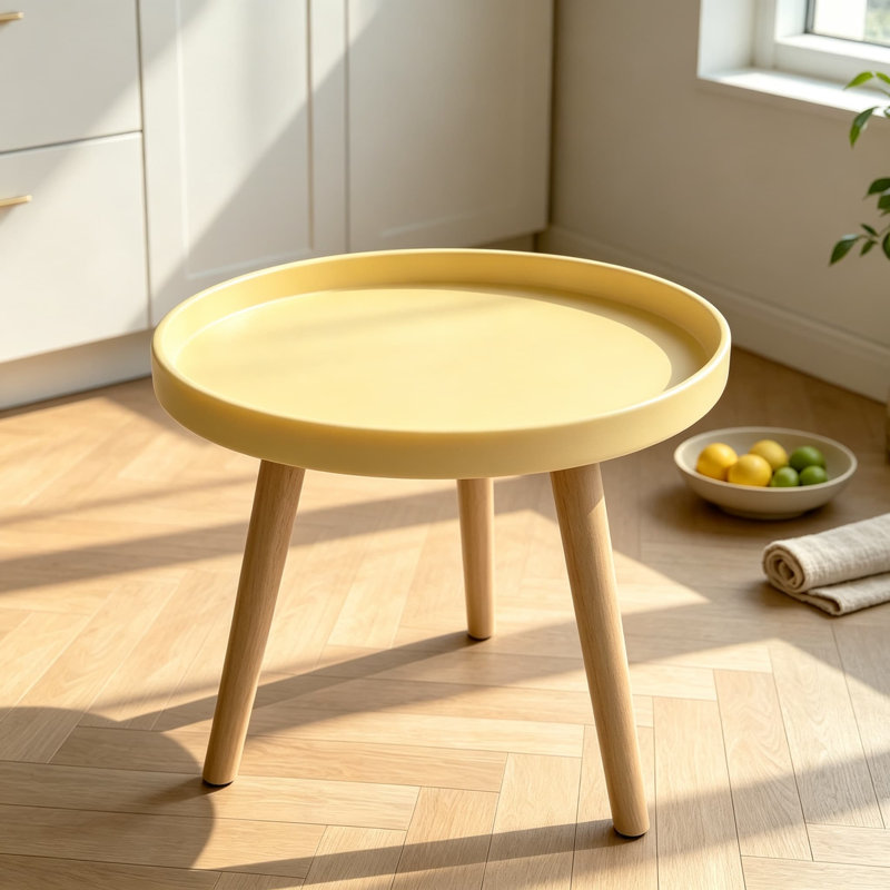 Petite table d'appoint ronde avec plateau, table de chevet minimaliste avec pieds en hêtre massif, plateau en polypropylène résistant, idéale pour le salon, la chambre à coucher ou le balcon.