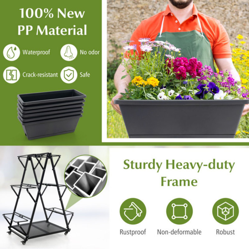 Black 3-Tier Vertical Raised Garden Bed with Wheels and Planter Boxes