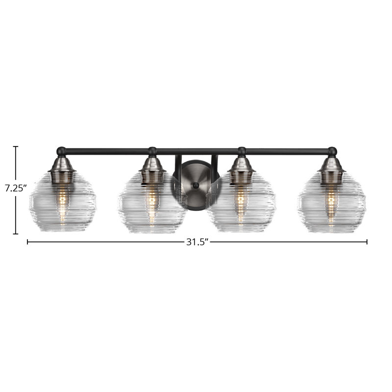 Michell 4 Light Bath Bar Shown With 6" Clear Ribbed Glass, Matte Black/Brushed Nickel