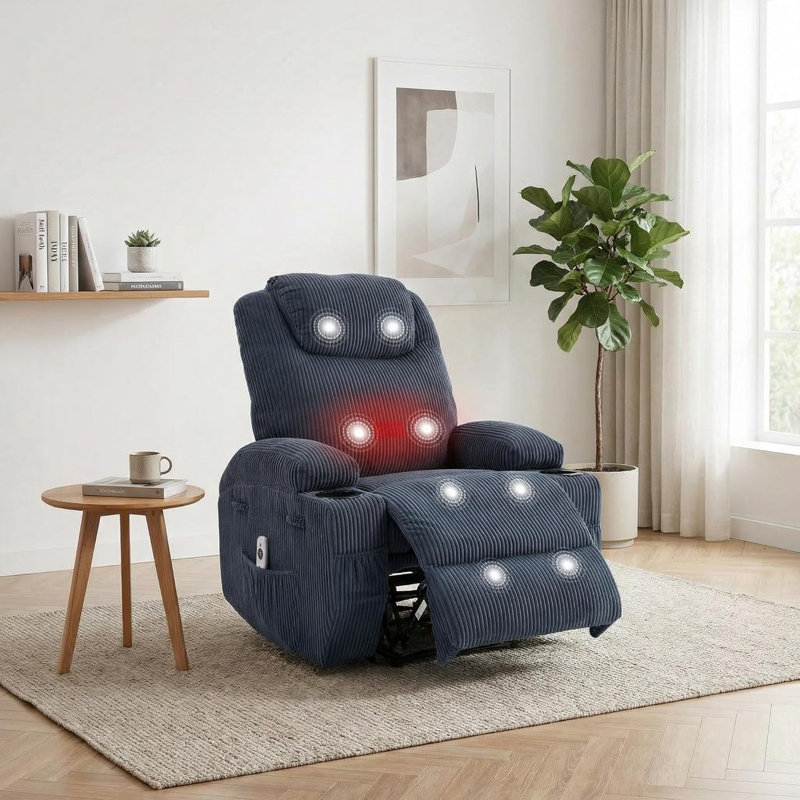 Fauteuil inclinable avec massage et chaleur, inclinable ultra-confortable réglable à 135 ° avec porte-gobelets et deux poches latérales, assemblage facile des outils