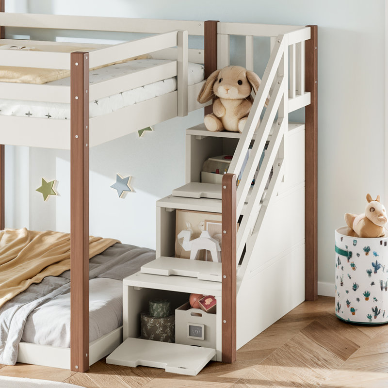 Lit superposé double au-dessus d'une chambre double avec escalier de rangement, lit maisonnette pour enfants avec toit et fenêtres, structure en bois massif, beige et naturel