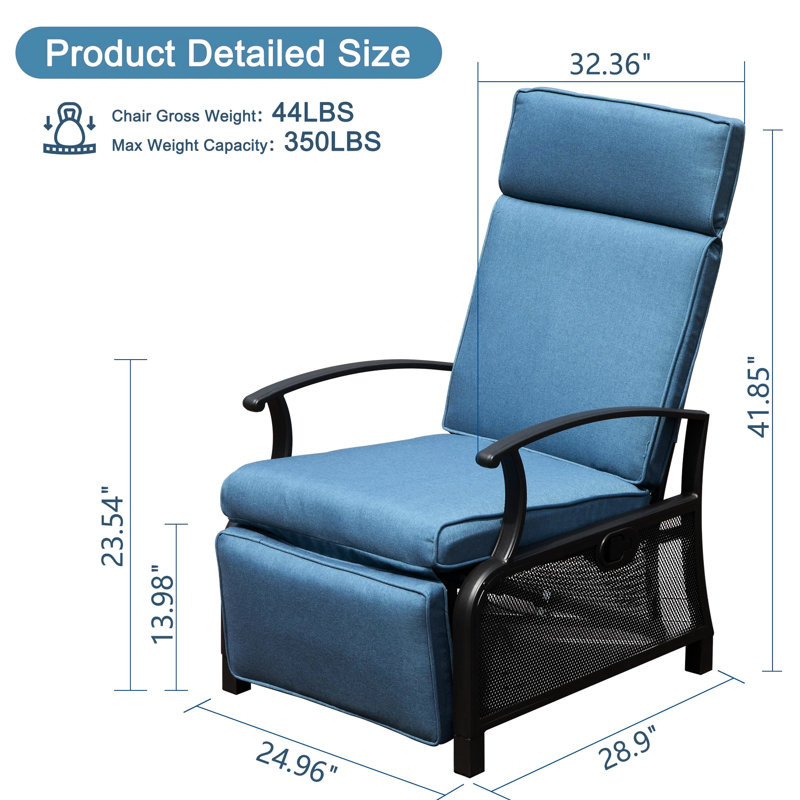 Fauteuil inclinable d'extérieur avec structure en métal et table pliante, bleu marine, capacité de soutien de 350 lb
