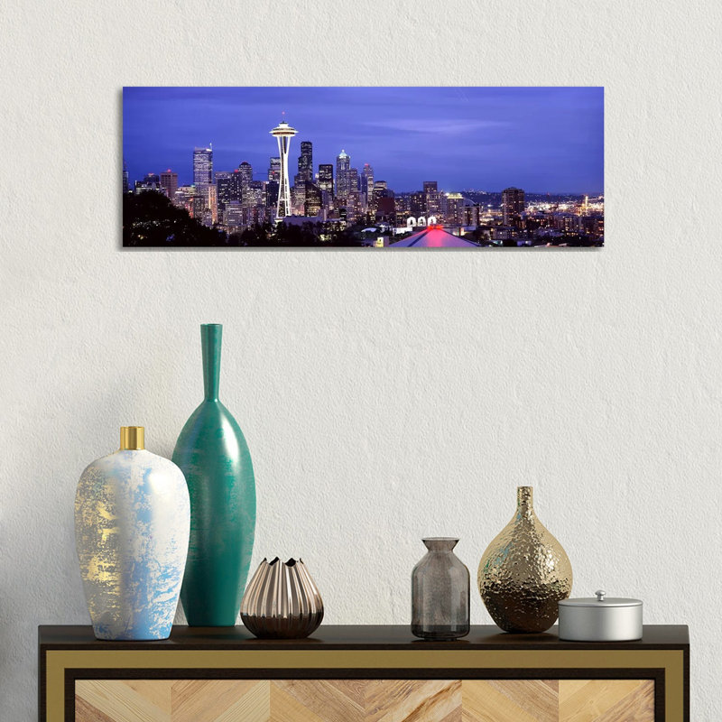 Skyscrapers In A City Lit Up At Night - Wrapped Canvas Panoramic Print, 30.48 cm H x 91.44 cm W x 1.91 cm D