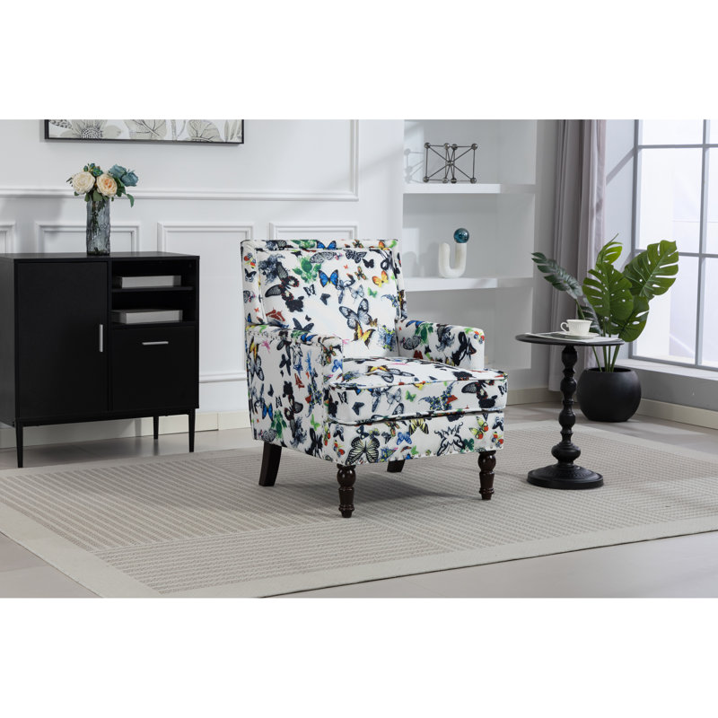 Fauteuil d'appoint confortable en lin à motif papillon, garni de clous décoratifs, garni de mousse haute densité, structure en bois massif, motif bleu et blanc, pour le salon, profondeur 67,3 cm, hauteur 88,6 cm, poids 15,8 kg, largeur intemporelle
