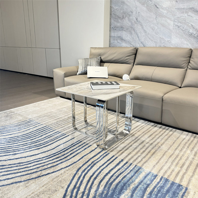 Table de bout rectangulaire avec plateau en pierre frittée, table d'appoint en métal pour le salon, Argent argent