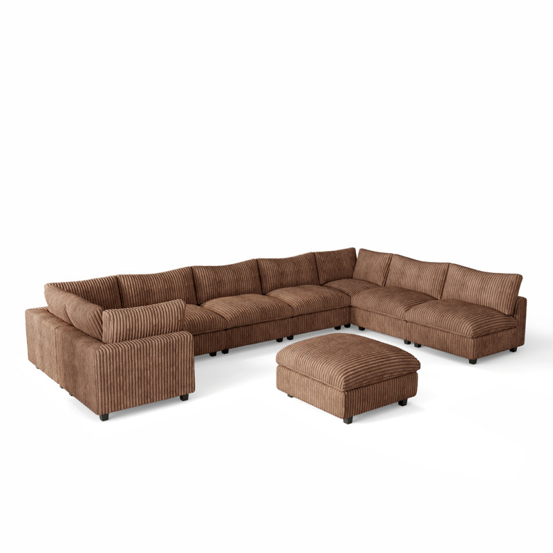Canapé modulaire réversible en forme de U 9 pièces avec repose-pieds amovible, Fausse fourrure brune
