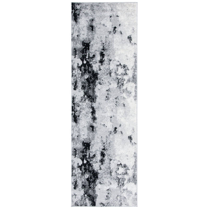 Tapis gris / noir en polypropylène tissé à la machine à motif abstrait Leonaldo, Tapis de couloir 2 pi 6 po x 14 pi