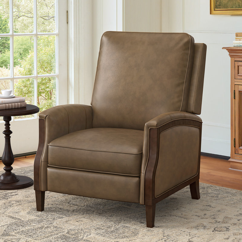 Liauro 32.3" Wide Genuine Leather Manual Push Back Recliner with Solid Wood Handrail, Grayish Brown Faux Leather