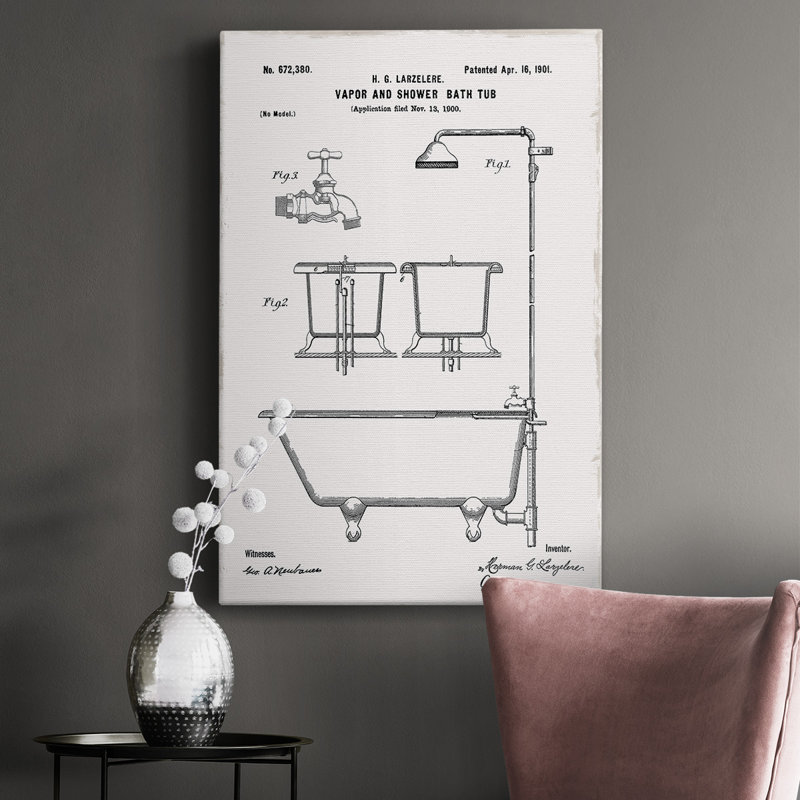 «Vintage Bath II», reproduction de dessin sur toile tendue, H 18 po x l 12 po x P 1 po