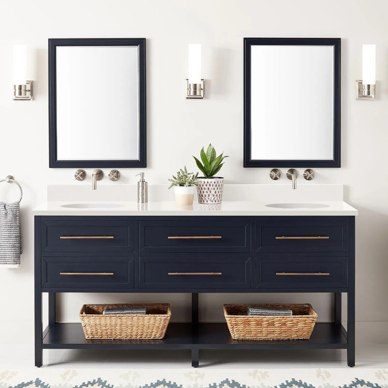 72" Robertson Double Bathroom Vanity Set with Oval Undermount Sinks, Arctic White Quartz, Midnight Navy Blue, 8" Widespread