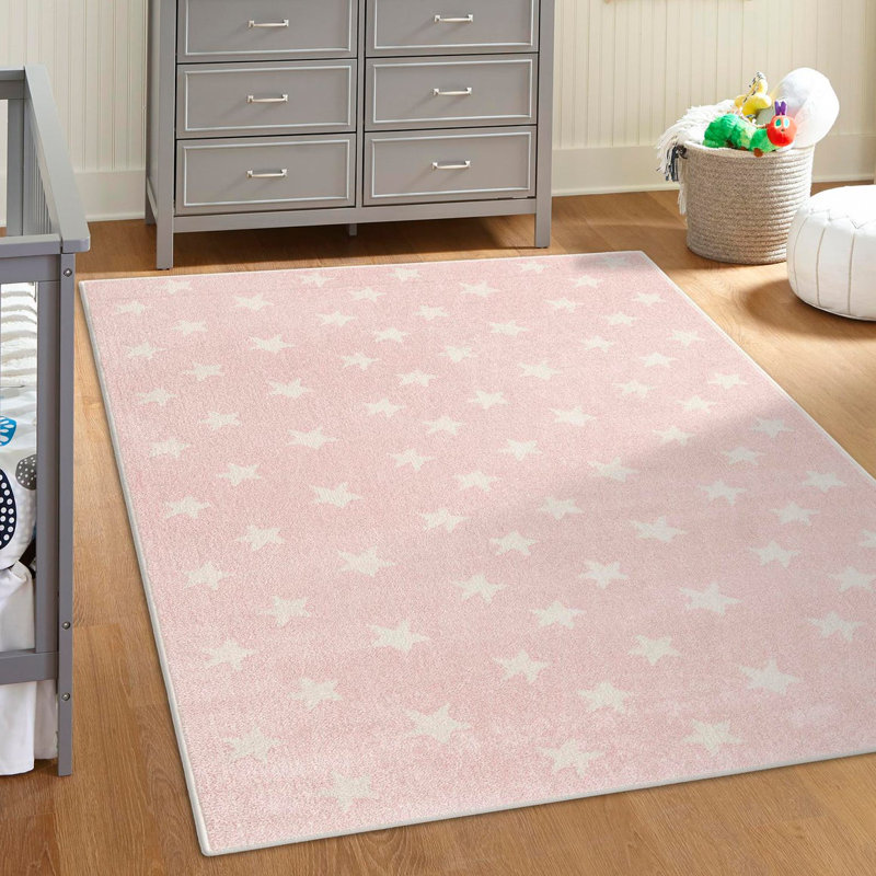 Pink and Ivory Rectangular Kids' Star Pattern Rug
