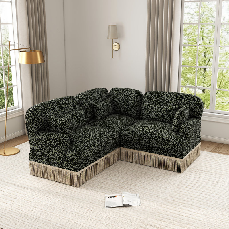 Canapé modulaire en L en chenille à imprimé léopard avec coussins et jupe à pampille, Green Black Leopard Print
