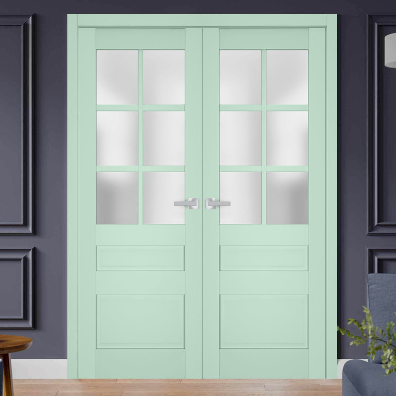 Intérieur en verre givré à portes doubles françaises | Veregio 7339 | Garnitures de cadre en bois massif | Portes robustes de chambre à coucher pour garde-robe