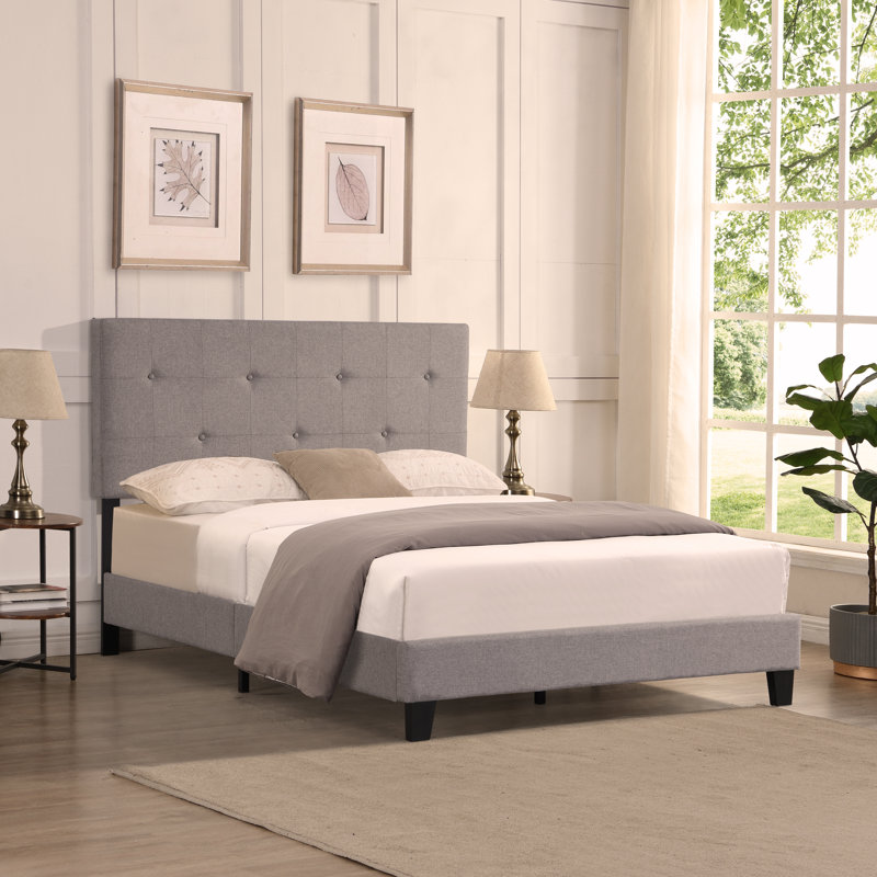 Upholstered Platform Bed with Button Tufted Linen Fabric Headboard, No Box Spring Needed, Wood, Queen, Heather Gray
