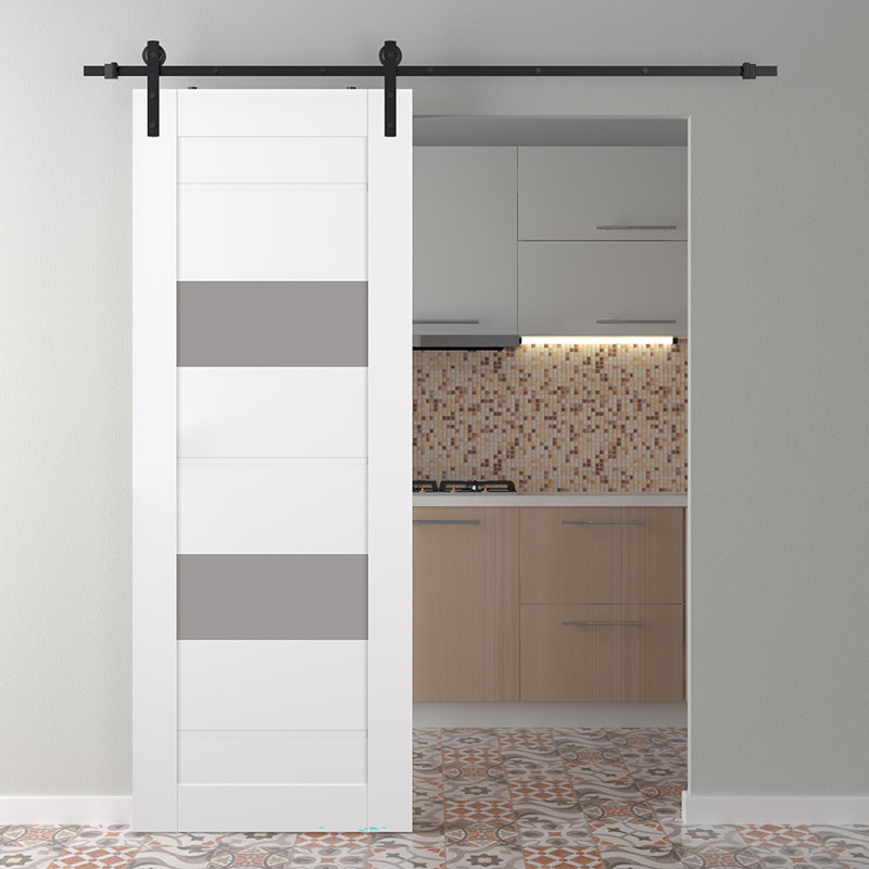 Porte de grange en bois et verre pré-finis avec ensemble de quincaillerie d'installation Vita, Blanc noble