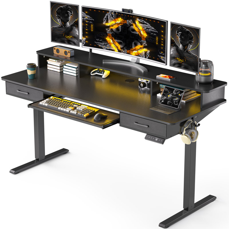 Bureau debout électrique de 63 po avec plateau pour clavier, bureau à hauteur ajustable avec 2 tiroirs, bureau ergonomique avec support pour moniteur, table d'ordinateur, noir