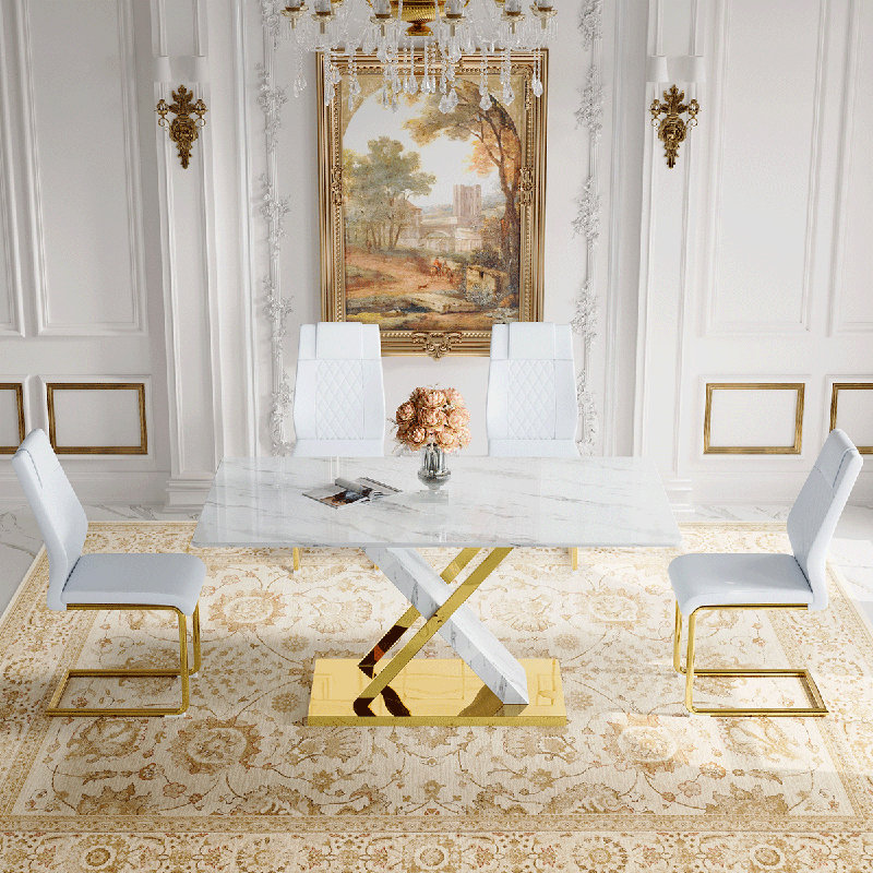 Ensemble de table de salle à manger en marbre Marble, Blanc, 5 pièces: table, 4 chaises, Doré