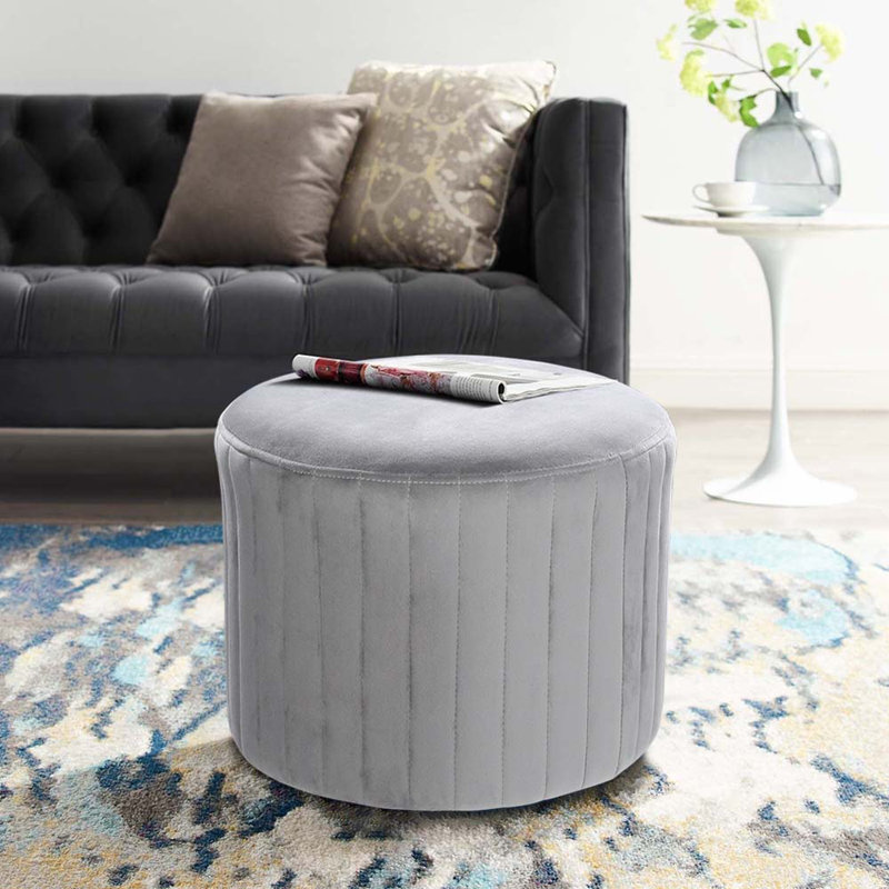 Rich 40cm Wide Velvet Round Abstract Pouffe Ottoman, Grey