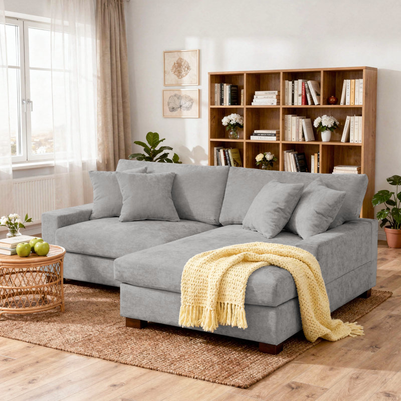 2 - Piece Upholstered Gray Chenille Modular Sectional Sofa with Armrests & Throw Pillows, Right Hand Facing, Gray Chenille
