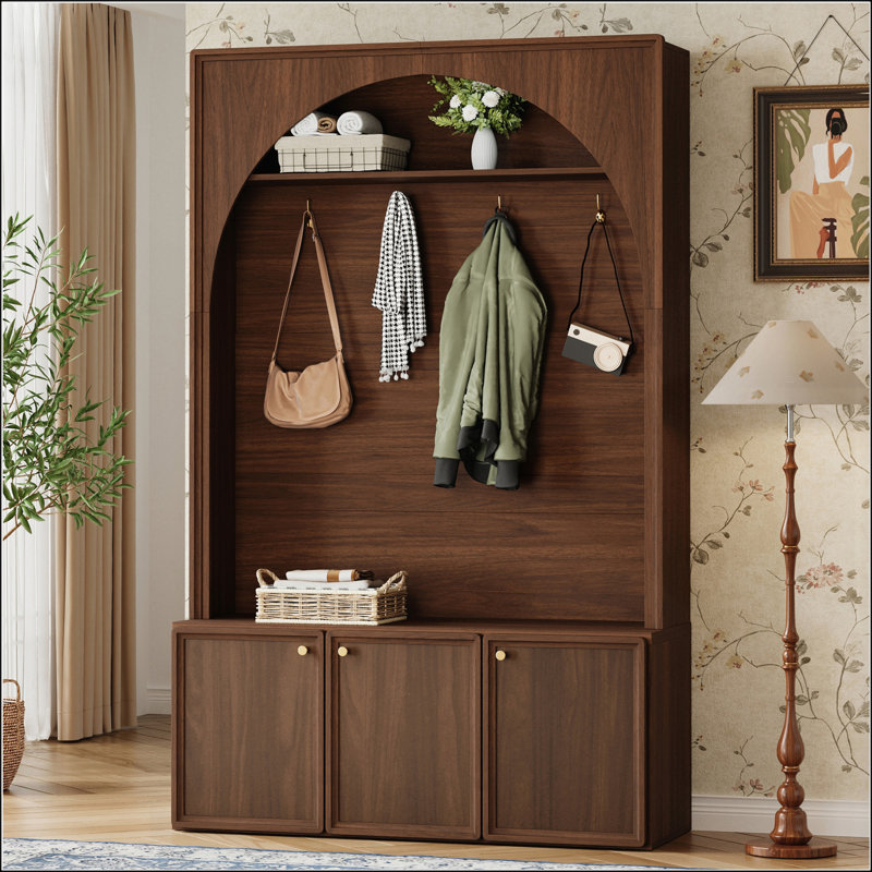 Farmhouse All-in-One Hall Tree with Adjustable Shelves, Retro Arched Entryway Storage Bench, and 3 Cabinets, Walnut