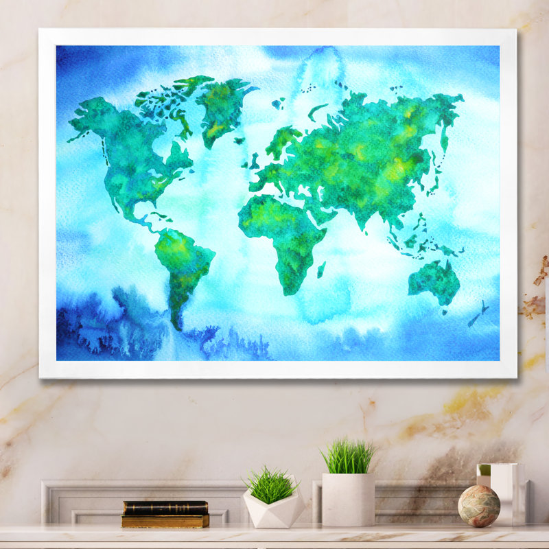 «World Map Blue Green Tone III», reproduction sur toile flottante, H 16 po x l 32 po x P 1 po, Cadre de coin blanc fermé