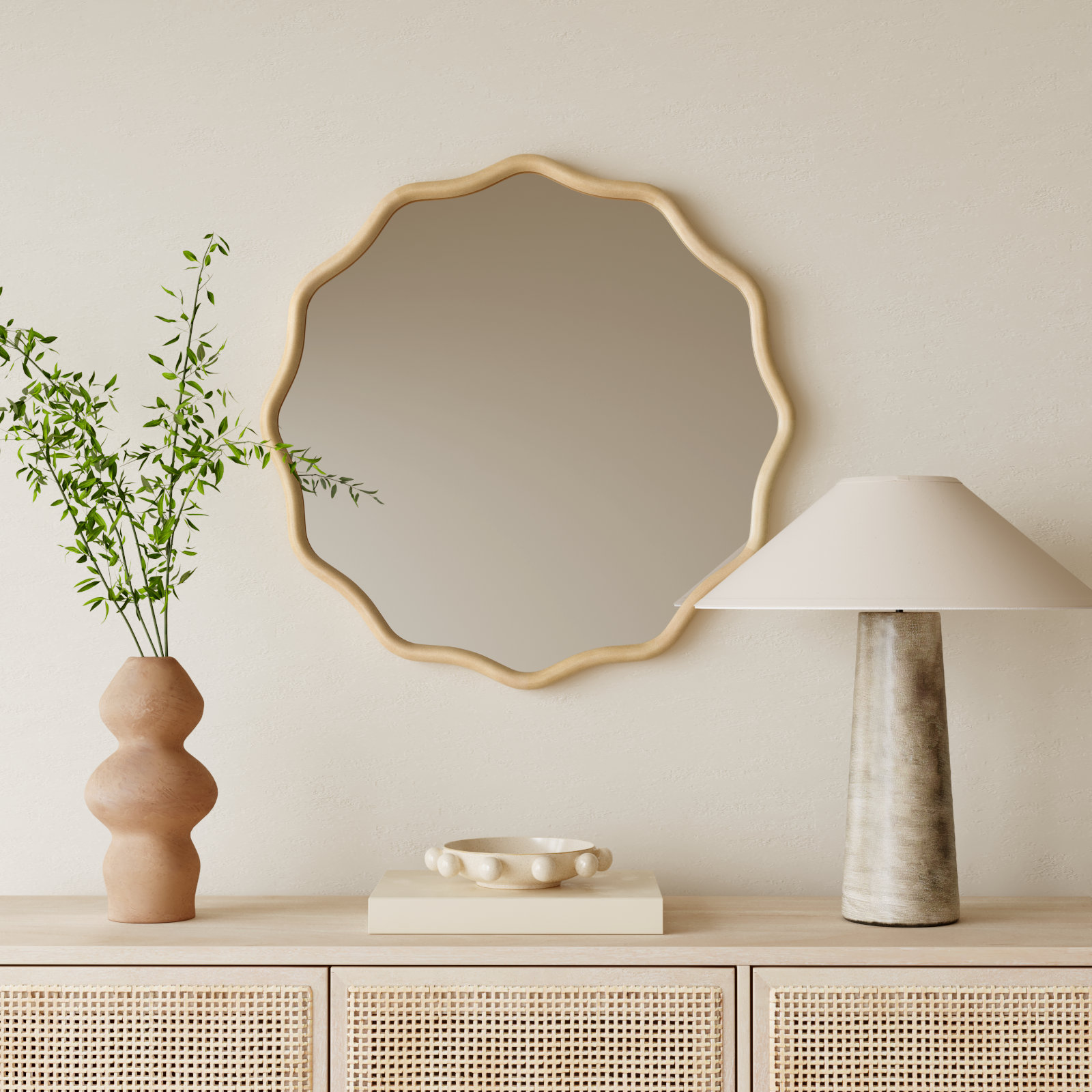 30" Solid Wood Accent Mirror, Beige, 30" x 30"