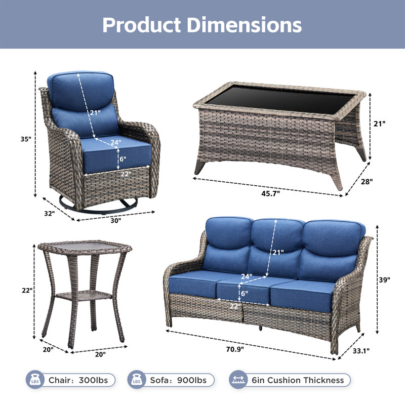 Ensemble 5 pièces de canapé de patio et de chaises pivotantes en osier avec table basse, Gris, Bleu