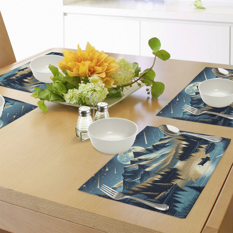 Dark Turquoise Tan Ivory Polyester Mountain Scene Placemats Set of 4