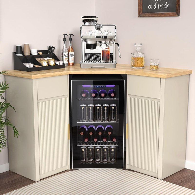 Corner Coffee Bar with Fridge Space, L Shaped Liquor Cabinet, Off-White, Ivory