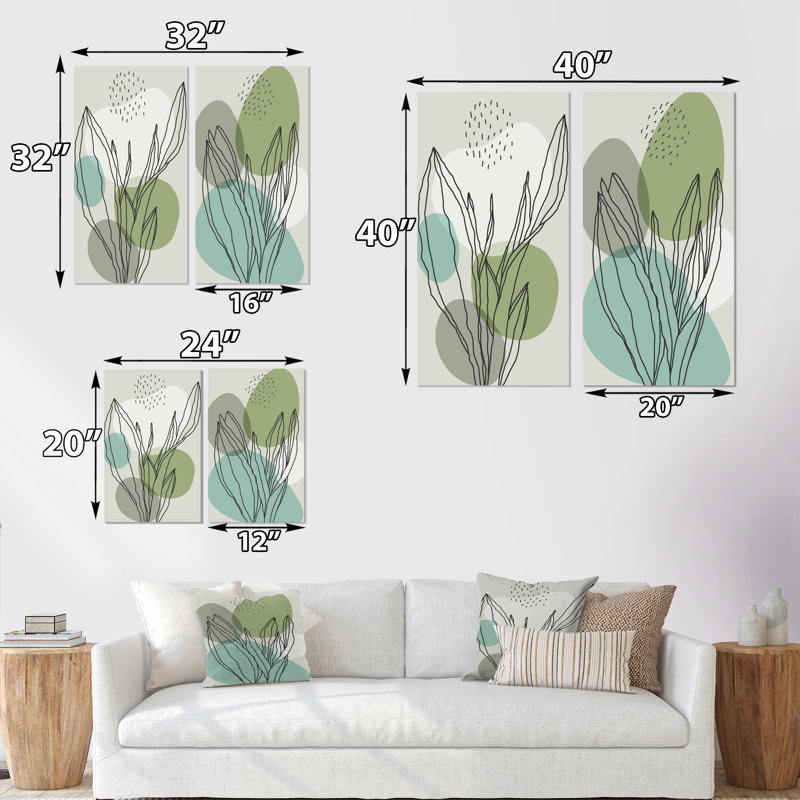 «Green Botanical Abstract Leaves I», ensemble de 2 peintures, H 40 po x l 40 po x P 1,5 po, Toile tendue