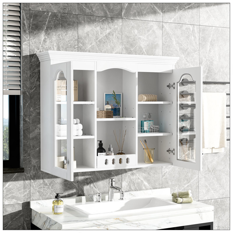 Armoire à pharmacie murale, armoire de salle de bain murale avec 2 portes en verre, armoire de rangement encastrée au-dessus de la toilette avec rangement, blanc
