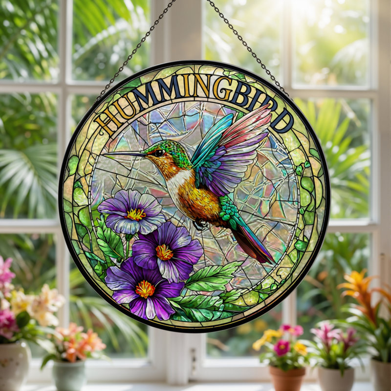 Panneau de vitrail à motif de colibri floral 12 po H 12 po, H 12 po x l 12 po