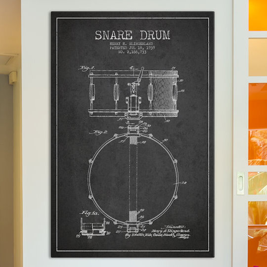 « tambour », affiche rétro sur toile tendue Charcoal Patent Blueprint, H 18 po x l 12 po x P 1,5 po