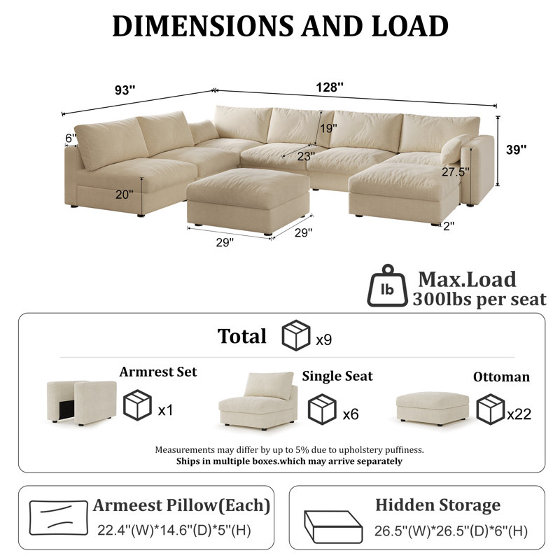 128" Sectional Modular Sofa With Storage, Beige Chenille