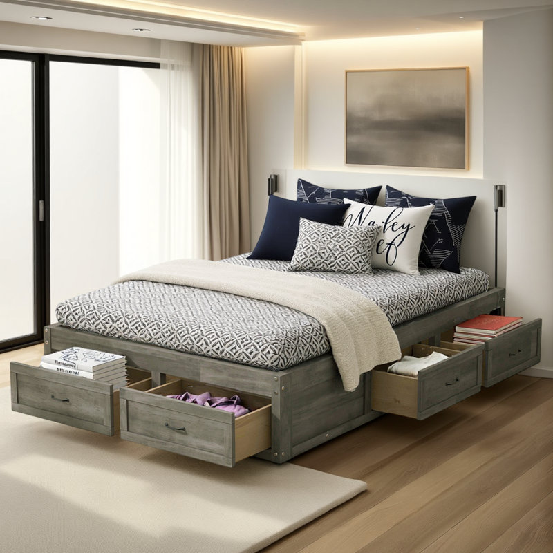  Lit plateforme avec 6 tiroirs de rangement - Conception moderne à profil bas et capacité de 350 lb, Gris, Lit double