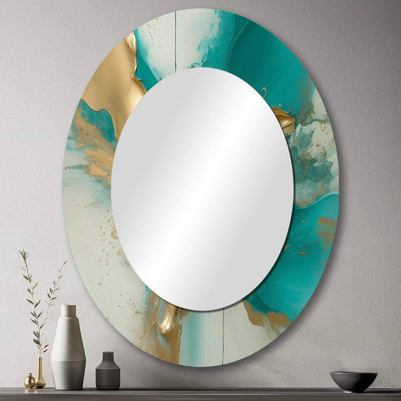 Gold And Turquoise Marble Fuild Ink II - Large Oval Wall Mirror On Metal, 43" x 33"